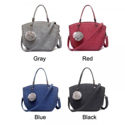 Faux Leather Top Handle Handbag With Fur Ball..