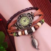 Retro Beads Leaf Leather Bracelet Watch