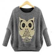 Cool Gray Bat Sleeve Sweater Sequined Owl Embroidery