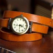 retro three laps wound leather strap vintage watch-brown