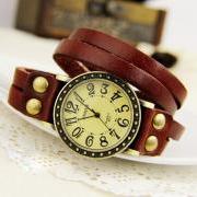 Retro wrap Twining Leather Bracelet Watch-red
