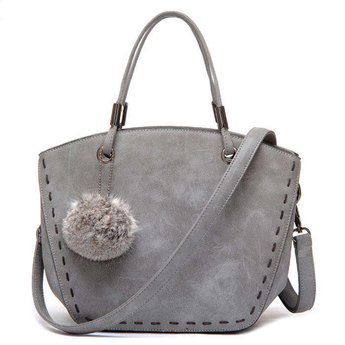 Faux Leather Top Handle Handbag With Fur Ball Charm
