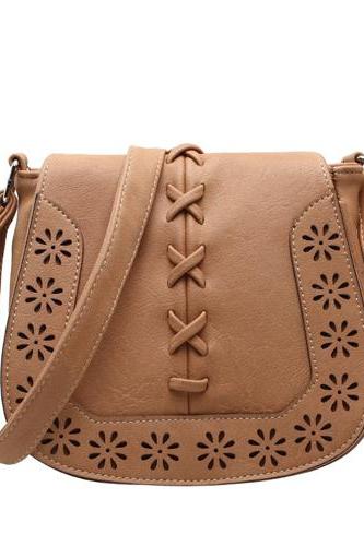 Cross-stitch And Floral Perforated Crossbody Saddle Bag