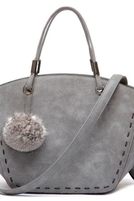 Faux Leather Top Handle Handbag With Fur Ball Charm