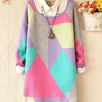 New Fashion Sweet Round Neck Color Geometry Sweater&Cardigan on Luulla