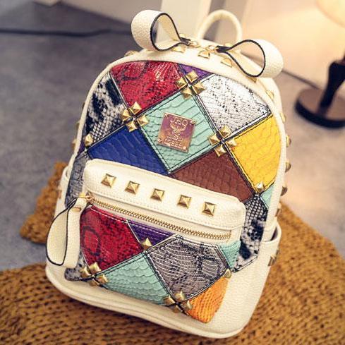 Punk Stitching Colorful Lady Backpack Mini Rivet Contrast School ...