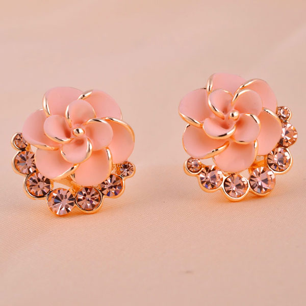 Nice Pink Camellia Rhinestone Earrings On Luulla