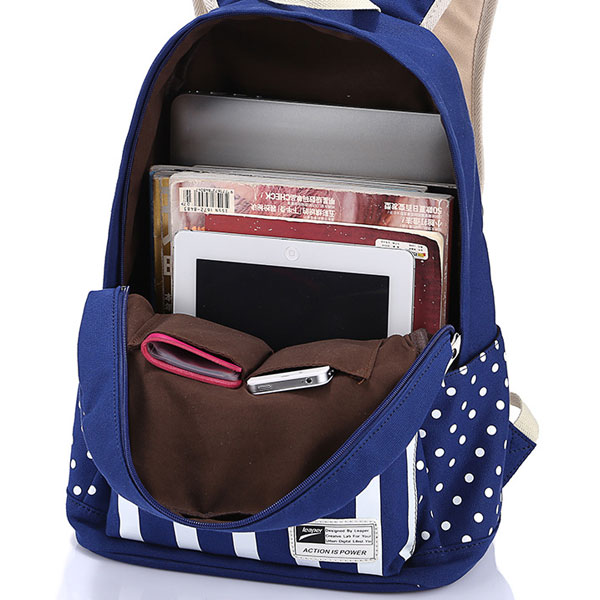 Casual Polka Dot Striped College Canvas Backpack High School Bag on Luulla